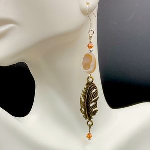 Brass Feather Earrings with MOP Shell Beads & Copper Bicone Crystals